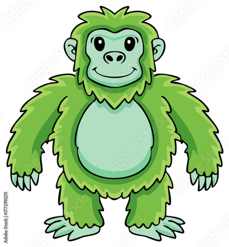 Friendly smiling green cartoon ape character standing upright illustration