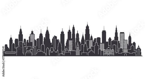 Silhouette Minimalist Urban Cityscape with Building and Skyline Detail Illustration