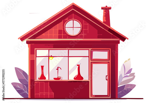 Stylized Burgundy Storefront Displaying Vases with Large Windows and Plant Life Accents