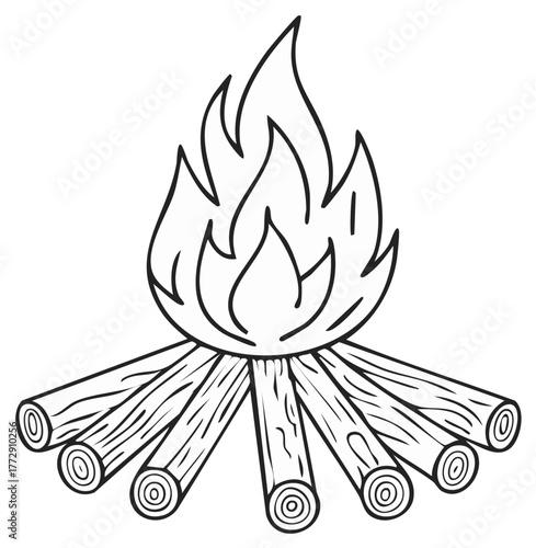 Stylized line art of a campfire with flames and logs for outdoor adventures