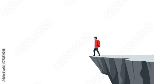 Simple Flat Illustration of a Lone Hiker Standing on a Cliff Edge