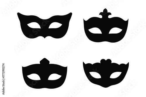 Different Mask silhouette isolated on transparent background Masquerade vector for apps or web party superhero carnival villain or burglar icon  . Carnival mask silhouette vector illustration. 