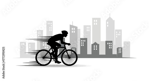 Minimalist Silhouette Cyclist Riding Bicycle in Urban Cityscape Illustration