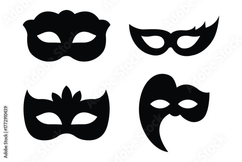 Different Mask silhouette isolated on transparent background Masquerade vector for apps or web party superhero carnival villain or burglar icon  . Carnival mask silhouette vector illustration. 