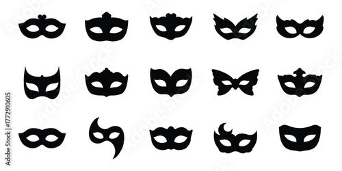 Different Mask silhouette isolated on transparent background Masquerade vector for apps or web party superhero carnival villain or burglar icon  . Carnival mask silhouette vector illustration. 
