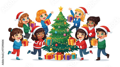 Holiday Joy: Animated children are happily gathered, embracing the magic of Christmas near a decorated tree with colorful gift boxes. A season of warmth, friendship, and childhood delight.