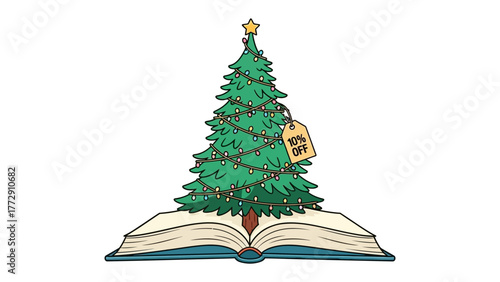 Festive Reading: A whimsical illustration of a Christmas tree sprouting from an open book, adorned with lights and a price tag. A creative representation of the merging of knowledge and holiday cheer.