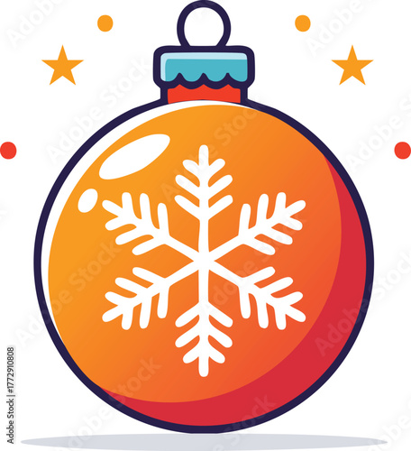 An orange and red Christmas bauble ornament with a white snowflake design, decorated with stars.