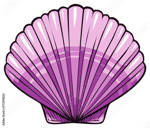 Cartoon illustration of a shiny purple fan shaped scallop shell