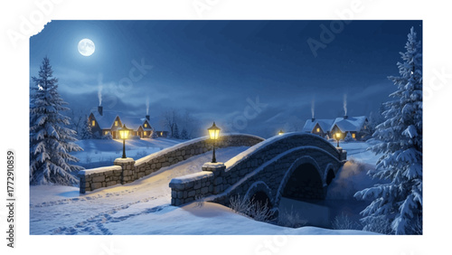 Enchanting Winter Scene: A picturesque winter scene unfolds, with a snow-covered stone bridge gracefully arched against a serene, moonlit sky.