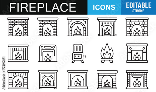 Modern Fireplace Vector Set | Editable Stroke Line Art Icons for Architecture and Home Comfort Design