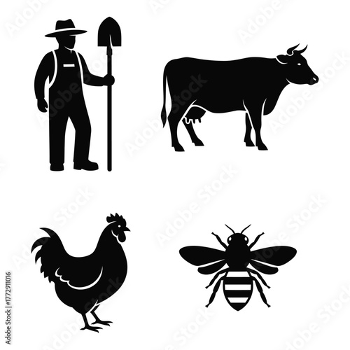 Silhouettes of Farmer Cow Rooster and Bee on White Background overalls