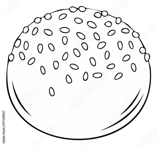 Sesame Seed Topped Bun Black and White Outline Drawing Simple Hand Drawn Vector Illustration
