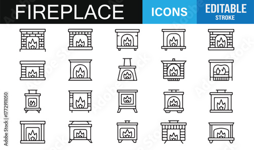 Brick Fireplace and Stove Icons | Vector Editable Line Art Set for Home, Comfort, and Warmth Design
