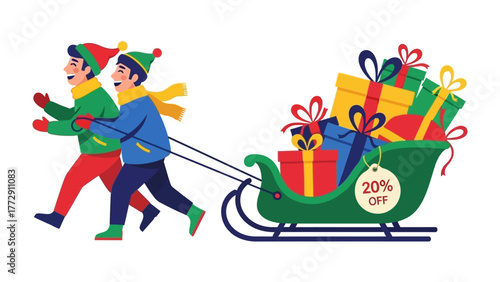 Winter gift delivery: Cheerful figures pull a sleigh loaded with wrapped gifts, each a colorful promise of holiday cheer and festive surprises, perfect for spreading joy. 