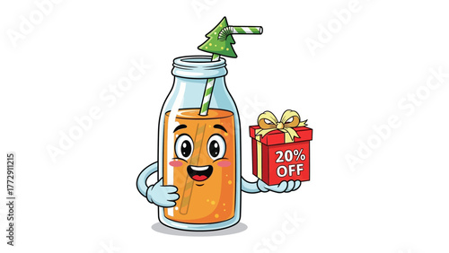 Cheerful Juice Promotion: Animated juice bottle joyfully presents a 20% Off gift box, evoking a sense of festive cheer and bargain.