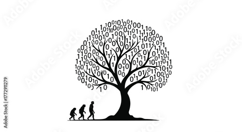 Evolutionary journey from primitive to modern, represented by a tree of digital data.