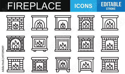Fireplace Vector Icon Set | Editable Stroke Outline of Brick Fireplaces, Heaters, and Mantel Designs