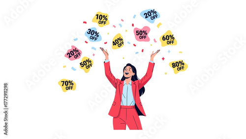 Discount Deals Delight: A joyful figure is reaching up to seize falling percentage discounts, as celebration of special offer event. Capturing the thrill of saving and shopping.