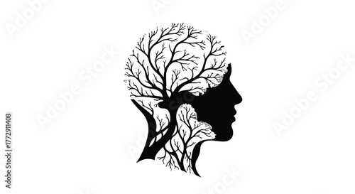 Symbolic silhouette of a human head filled with a branching tree, representing thoughts, growth, and nature's connection to the mind.