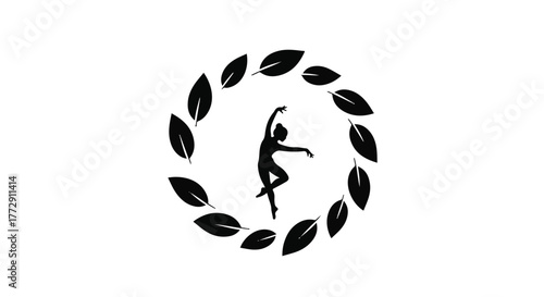 Graceful dancer silhouette in a circular wreath of leaves, symbolizing harmony and nature.