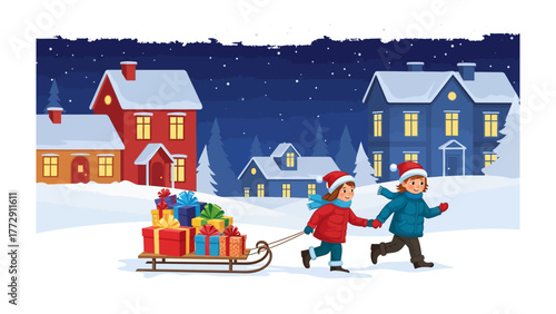 Joyful Winter: Two children pull a sleigh laden with gifts through a snowy winter landscape, embodying the spirit of sharing and the magic of the season, creating heartwarming charm.