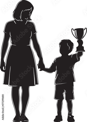 Silhouette of a mother holding hands with her child who proudly displays a trophy, symbolizing achievement and parental support.