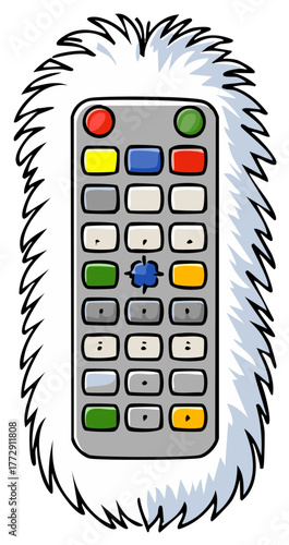 Funny remote control with fuzzy fur trim, cartoon style illustration.