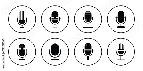 Microphone Icons set. Podcast microphone. Karaoke mic web and mobile app icons. Voice vector icon, Record. Microphone - recording Studio Symbol. eps 10