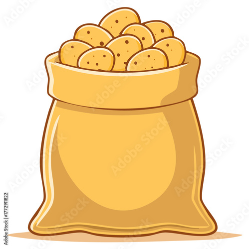 Simple cartoon vector illustration of a burlap sack filled with raw potatoes