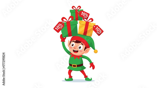 Festive Elf and Gift Parade: A cheerful elf merrily balances a stack of vibrantly wrapped gift boxes, adorned with festive bows and discount tags.