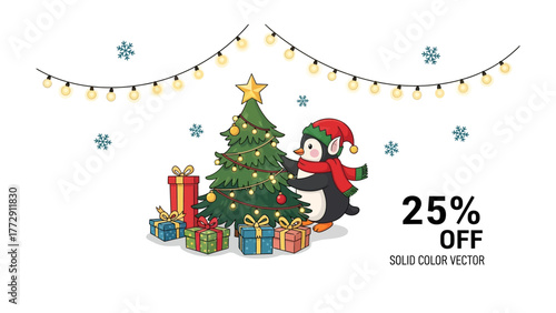Festive Penguin with Christmas tree:A charming penguin, donned in a warm scarf and hat, prepares a Christmas tree with an array of gifts and twinkling lights, offering a cheerful holiday deal.