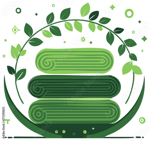 Abstract graphic with stylized leaves, spirals and curved elements