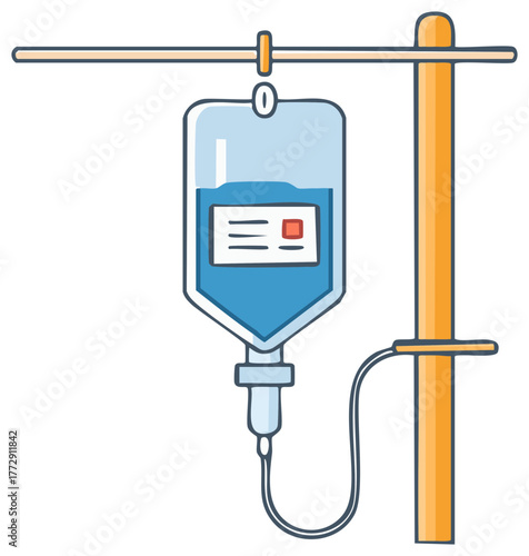 Medical infusion bag with drip line hanging from stand for therapy or treatment