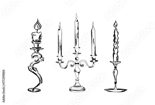 Hand drawn candle illustration. Vintage chandelier sketch. Candle clip art. Candle doodle. Line art, ink, minimalist style. Candles burning. Candelabra and candlestick. Ink sketch set isolated. Retro