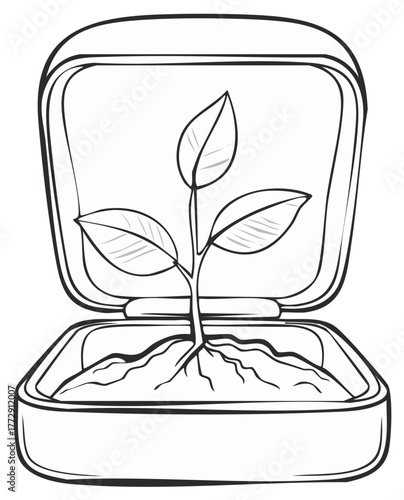 Hand-drawn open square box containing a young plant seedling growing from soil