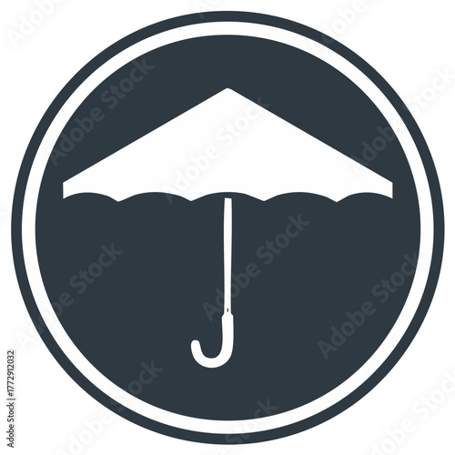 White umbrella icon in dark circle symbol for protection from rain or water