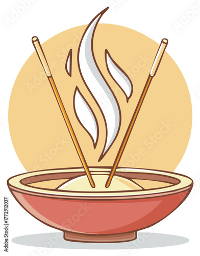 Cartoon Incense Bowl with Burning Incense Sticks releasing White Smoke in a Circle Backdrop