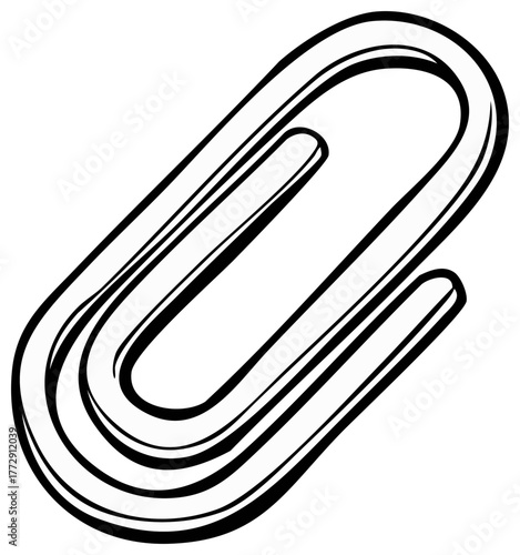 Bold black and white line art illustration of a single paper clip. Office supply and stationery vector icon.