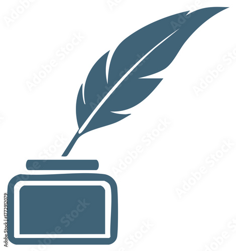 Elegant Quill Feather Pen and Inkwell Icon Symbol Writing Instrument