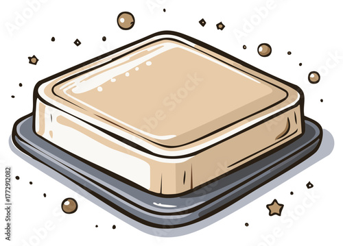 Isometric soap bar on soap dish with bubbles and stars cartoon illustration