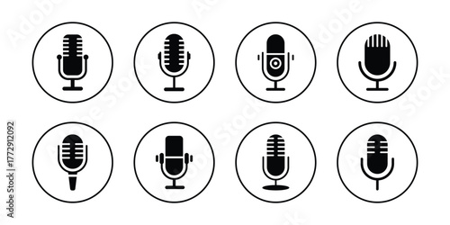Microphone icon set. black vector icon. microphone logo icon vector. Mic, voice recorder concept.  various types of microphones.  
