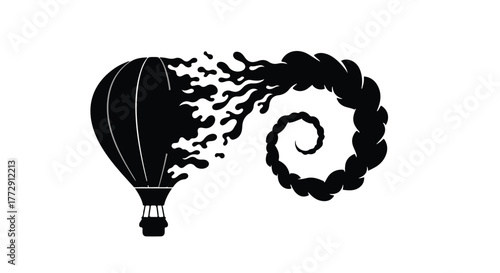 Abstract illustration of a hot air balloon dissolving into a swirling smoke trail