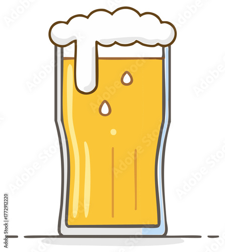 Bright yellow beer in a pint glass with a thick white frothy foam and small bubbles doodle style illustration