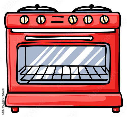 Cute cartoon red kitchen stove with oven and burners for cooking delicious meals