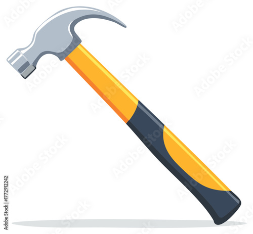 Illustration of a claw hammer with a yellow and gray handle for construction or repair work