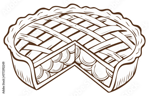 Illustration of an apple pie with lattice crust, and missing piece.