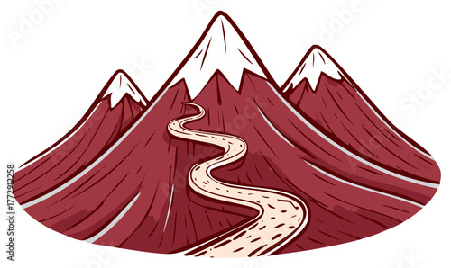 Illustration of three burgundy mountains with snowy peaks and a winding road going through them, vector art.