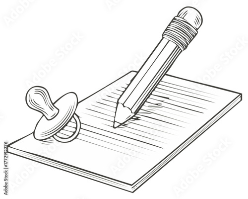 Sketch of Pacifier and Pencil on Notepad Representing Childhood Milestones
