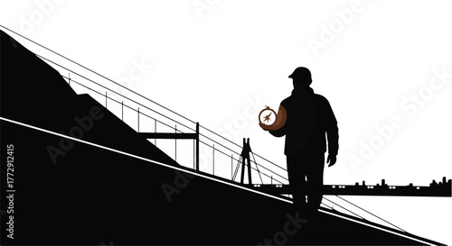 Silhouette of a man holding a compass, climbing a steep incline towards a distant cityscape.